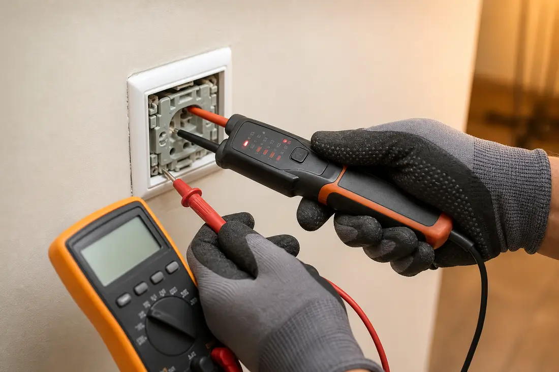 Elektriker prüft mit einem Spannungsprüfer und Messgerät eine Steckdose an der Wand