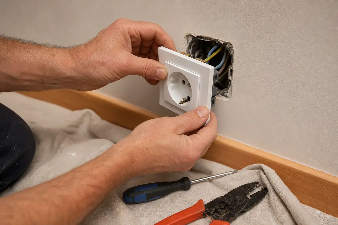 Elektriker tauscht eine Steckdose aus, Werkzeug und neue Steckdose liegen bereit