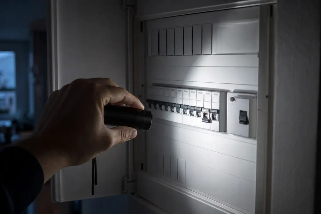 Person prüft im Halbdunkeln einen Sicherungskasten mit Leitungsschutzschaltern und FI-Schalter während eines Stromausfalls