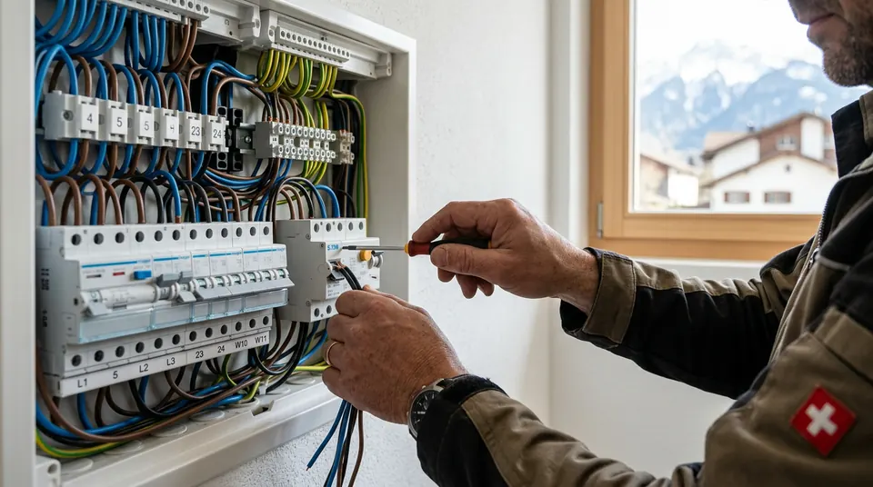 Elektriker an einem Sicherungskasten in der Deutschschweiz