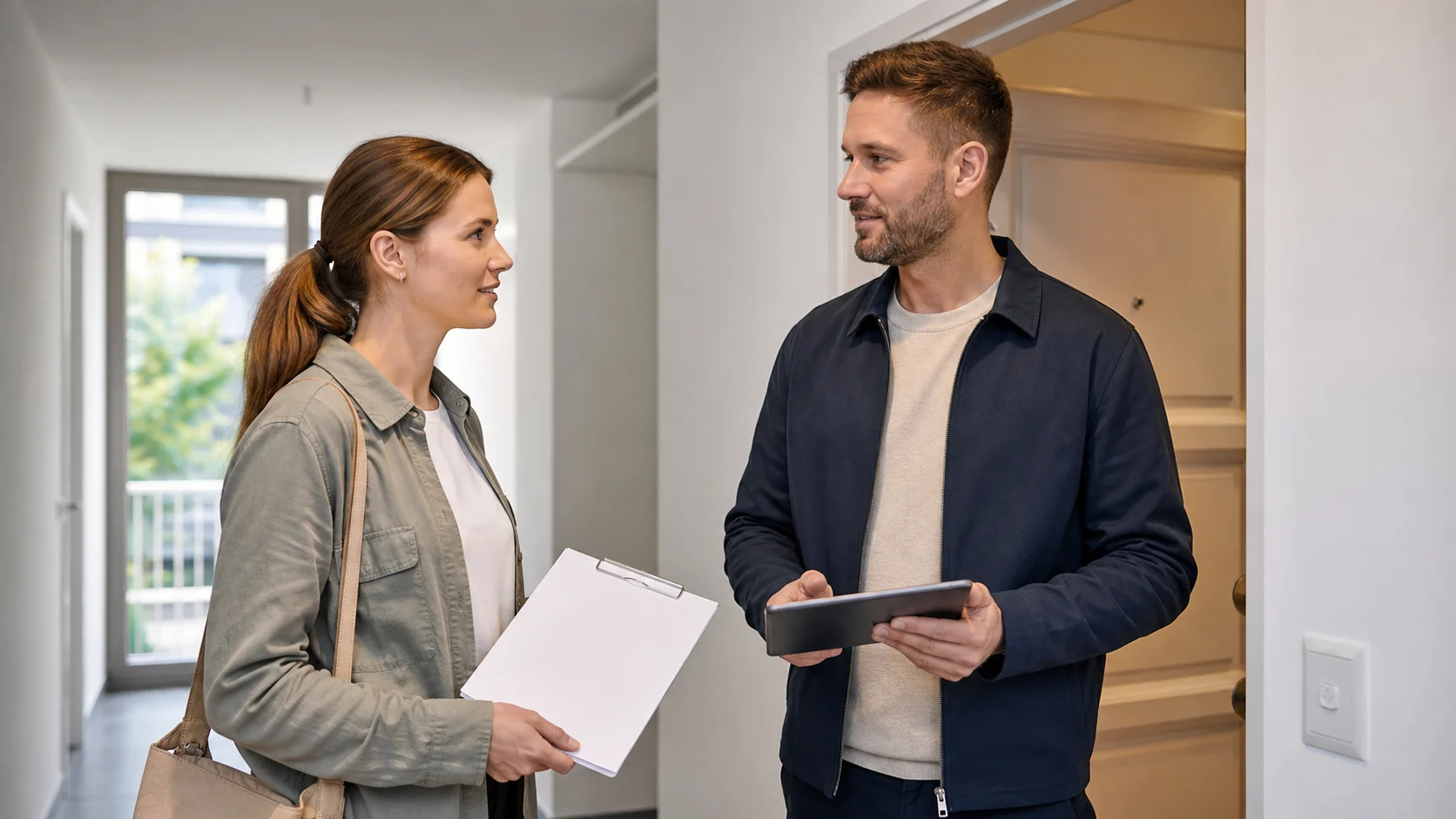 Eine Verwalterin bespricht mit einer neuen Mieterin Zugangszeiten und Unterlagen für einen Elektrikertermin.